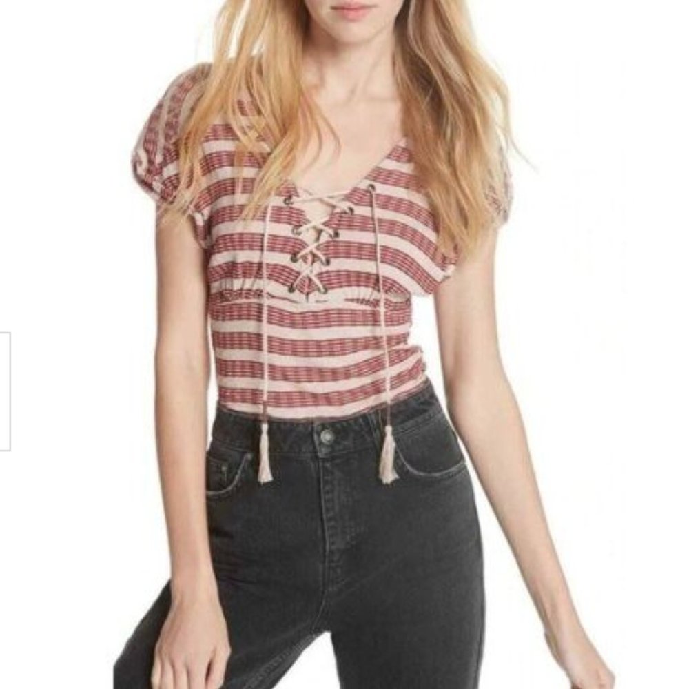 Free people sail out striped lace up pull over top red tan small
